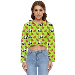 Watermelon Panda Background Wallpaper Women s Lightweight Cropped Hoodie by Wegoenart