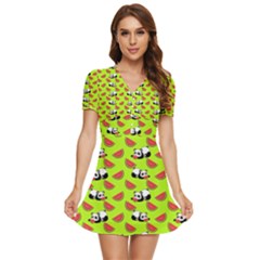 Watermelon Panda Background Wallpaper V-neck High Waist Chiffon Mini Dress by Wegoenart