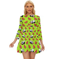 Watermelon Panda Background Wallpaper Long Sleeve Babydoll Dress by Wegoenart