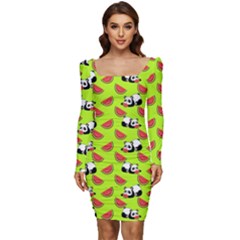 Watermelon Panda Background Wallpaper Women Long Sleeve Ruched Stretch Jersey Dress by Wegoenart