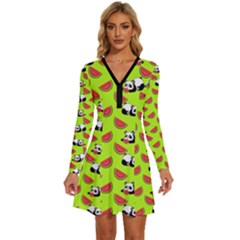 Watermelon Panda Background Wallpaper Long Sleeve Deep V Mini Dress  by Wegoenart