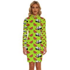 Watermelon Panda Background Wallpaper Long Sleeve Shirt Collar Bodycon Dress by Wegoenart