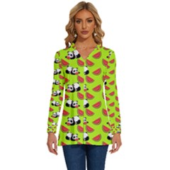 Watermelon Panda Background Wallpaper Long Sleeve Drawstring Hooded Top