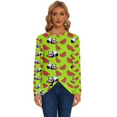 Watermelon Panda Background Wallpaper Long Sleeve Crew Neck Pullover Top