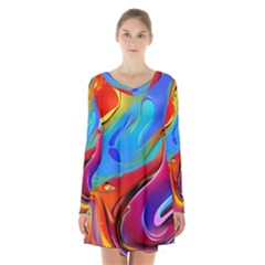 Abstract Fluid Art Long Sleeve Velvet V-neck Dress