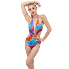 Abstract Fluid Art Plunging Cut Out Swimsuit