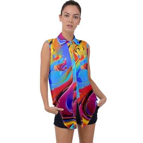 Abstract Fluid Art Sleeveless Chiffon Button Shirt by GardenOfOphir