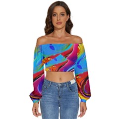 Abstract Fluid Art Long Sleeve Crinkled Weave Crop Top