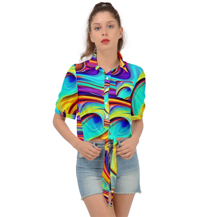 Fluid Art Pattern Tie Front Shirt 