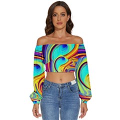 Fluid Art Pattern Long Sleeve Crinkled Weave Crop Top