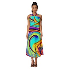 Fluid Art Pattern Sleeveless Cross Front Cocktail Midi Chiffon Dress