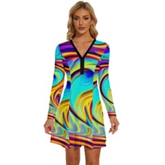 Fluid Art Pattern Long Sleeve Deep V Mini Dress 