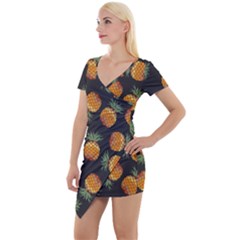 Pineapple Background Pineapple Pattern Short Sleeve Asymmetric Mini Dress by Wegoenart