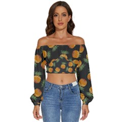 Pineapple Background Pineapple Pattern Long Sleeve Crinkled Weave Crop Top