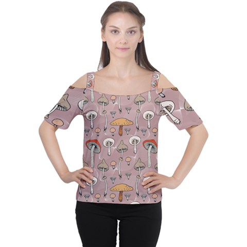 Mushrooms Autumn Fall Pattern Seamless Decorative Cutout Shoulder Tee by Wegoenart