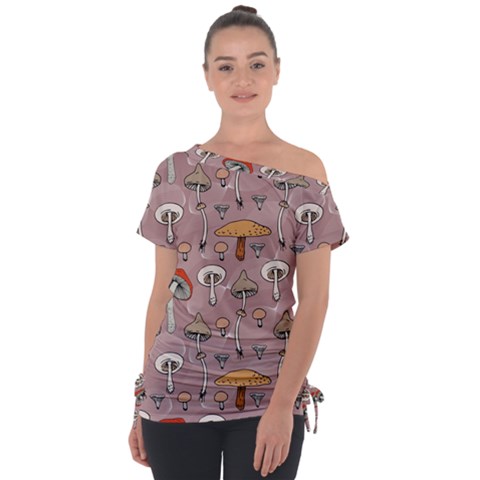 Mushrooms Autumn Fall Pattern Seamless Decorative Off Shoulder Tie-up Tee by Wegoenart