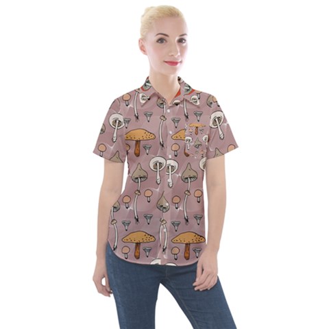 Mushrooms Autumn Fall Pattern Seamless Decorative Women s Short Sleeve Pocket Shirt by Wegoenart