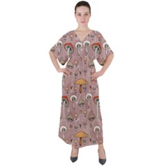 Mushrooms Autumn Fall Pattern Seamless Decorative V-neck Boho Style Maxi Dress by Wegoenart