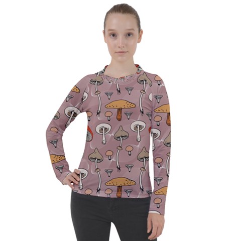 Mushrooms Autumn Fall Pattern Seamless Decorative Women s Pique Long Sleeve Tee by Wegoenart