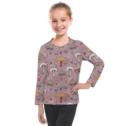 Mushrooms Autumn Fall Pattern Seamless Decorative Kids  Long Mesh Tee by Wegoenart