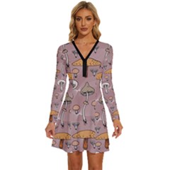 Mushrooms Autumn Fall Pattern Seamless Decorative Long Sleeve Deep V Mini Dress  by Wegoenart