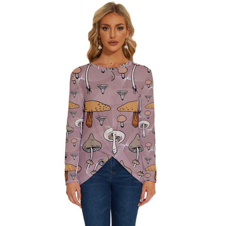 Mushrooms Autumn Fall Pattern Seamless Decorative Long Sleeve Crew Neck Pullover Top