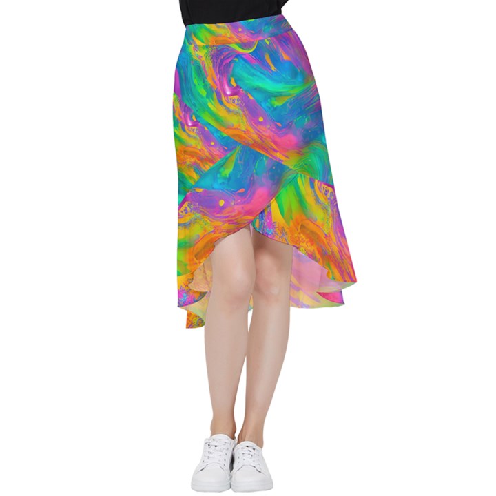 Marble Art Pattern Frill Hi Low Chiffon Skirt