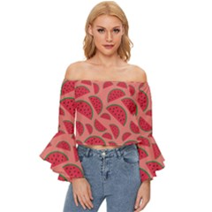 Watermelon Red Food Fruit Healthy Summer Fresh Off Shoulder Flutter Bell Sleeve Top