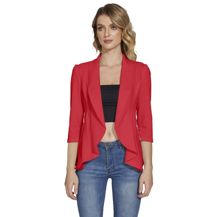 Amaranth Red	 - 	3/4 Sleeve Ruffle Edge Open Front Jacket