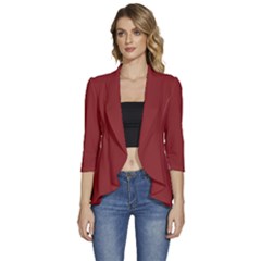 Chili Oil Red	 - 	3/4 Sleeve Ruffle Edge Open Front Jacket by ColorfulWomensWear