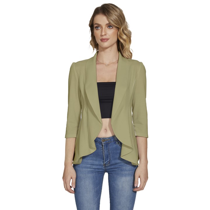 Khaki	 - 	3/4 Sleeve Ruffle Edge Open Front Jacket