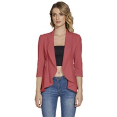 Deep Chestnut Red	 - 	3/4 Sleeve Ruffle Edge Open Front Jacket by ColorfulWomensWear