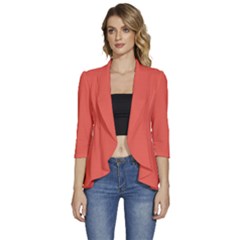 Fire Opal Red	 - 	3/4 Sleeve Ruffle Edge Open Front Jacket