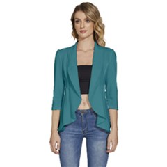 Greenish Blue	 - 	3/4 Sleeve Ruffle Edge Open Front Jacket