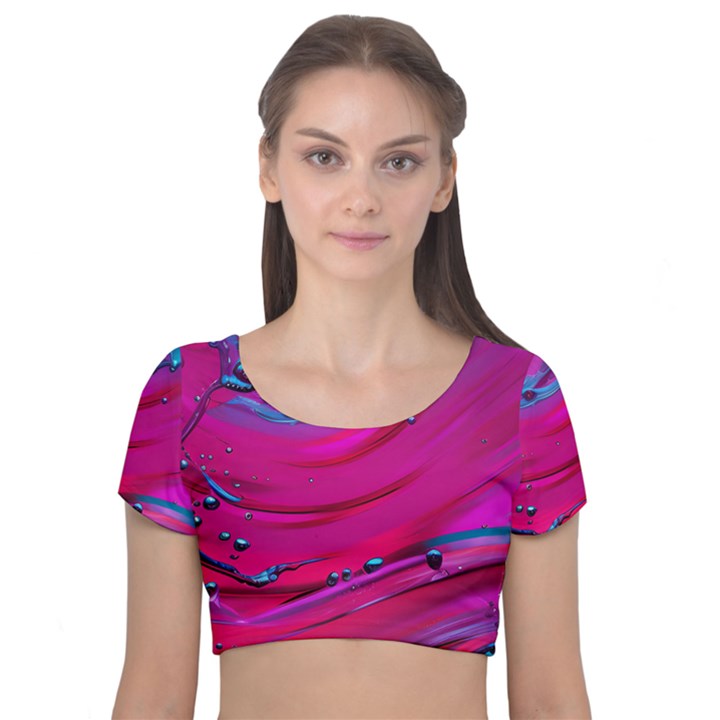 Fluid Art Pattern Velvet Short Sleeve Crop Top 