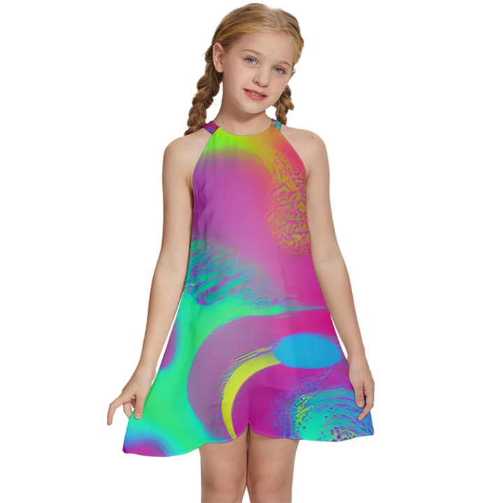 Fluid Background Kids  Halter Collar Waist Tie Chiffon Dress