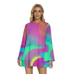 Fluid Background Round Neck Long Sleeve Bohemian Style Chiffon Mini Dress