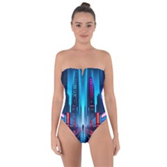 City People Cyberpunk Tie Back One Piece Swimsuit by Jancukart