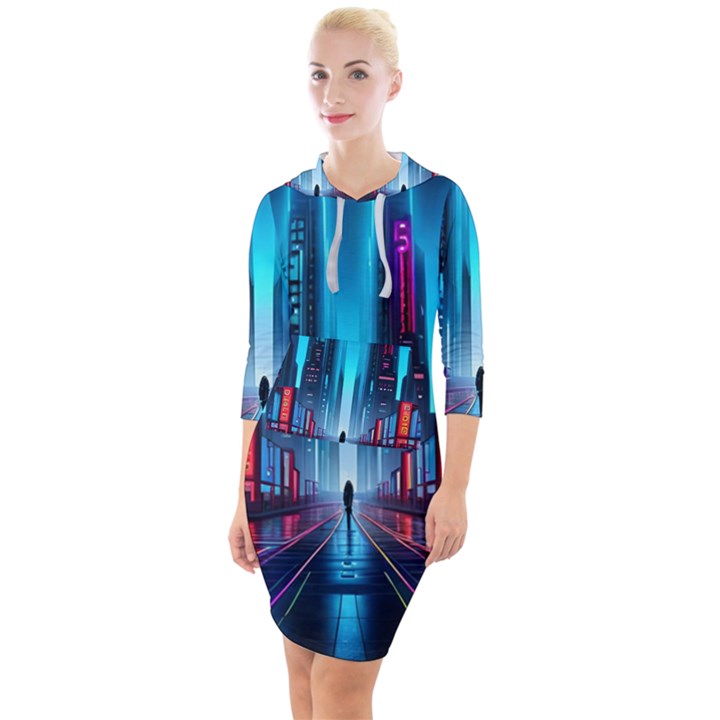 City People Cyberpunk Quarter Sleeve Hood Bodycon Dress