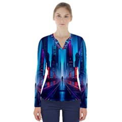 City People Cyberpunk V-neck Long Sleeve Top by Jancukart