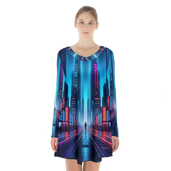 City People Cyberpunk Long Sleeve Velvet V-neck Dress