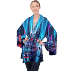 City People Cyberpunk Long Sleeve Velvet Kimono  by Jancukart