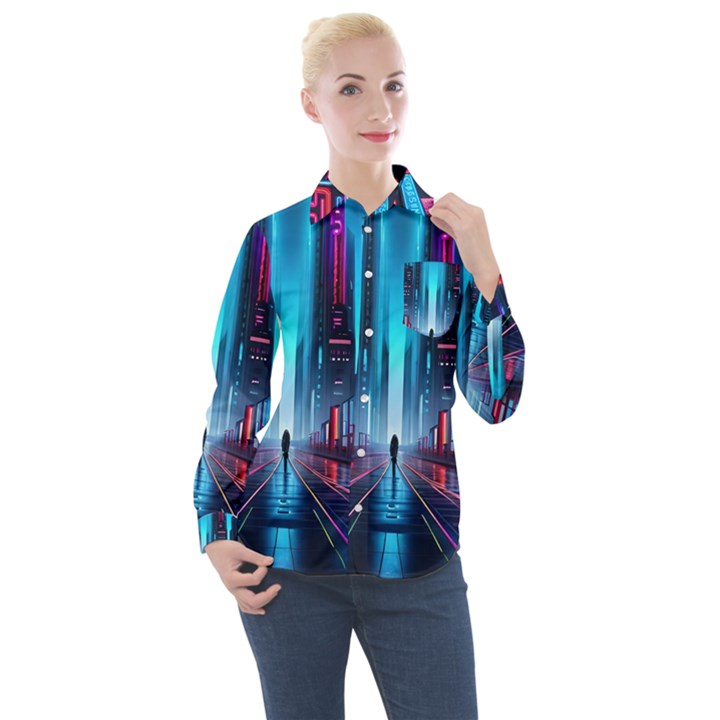 City People Cyberpunk Women s Long Sleeve Pocket Shirt