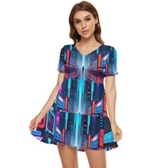 City People Cyberpunk Tiered Short Sleeve Babydoll Dress