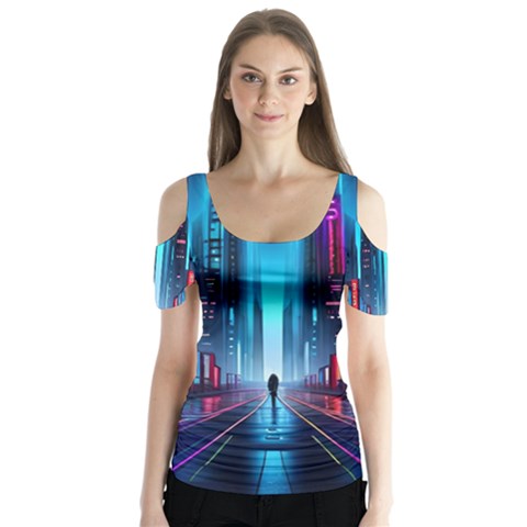 City People Cyberpunk Butterfly Sleeve Cutout Tee  by Jancukart