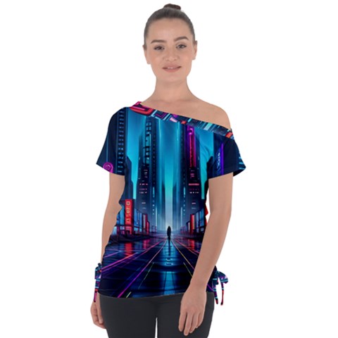 City People Cyberpunk Off Shoulder Tie-up Tee by Jancukart