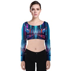 City People Cyberpunk Velvet Long Sleeve Crop Top by Jancukart