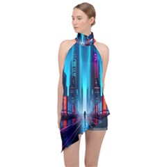 City People Cyberpunk Halter Asymmetric Satin Top