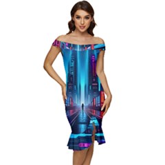 City People Cyberpunk Off Shoulder Ruffle Split Hem Bodycon Dress