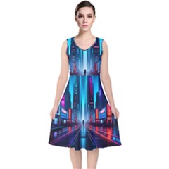 City People Cyberpunk V-neck Midi Sleeveless Dress  by Jancukart